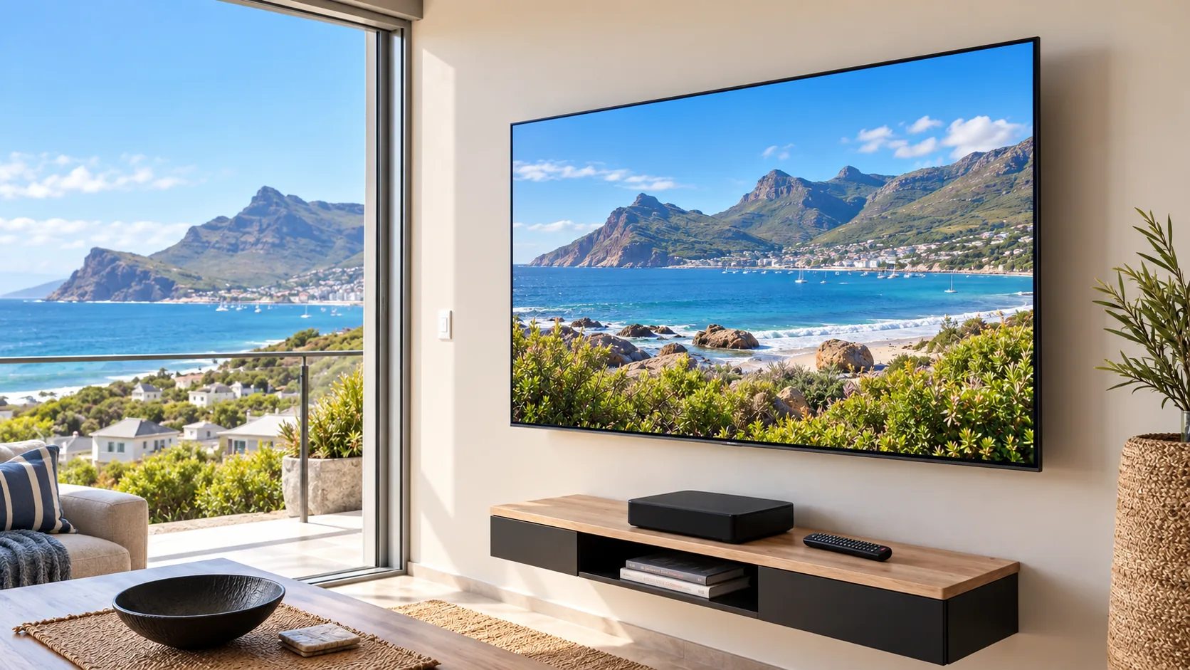 Television wall in a home at night