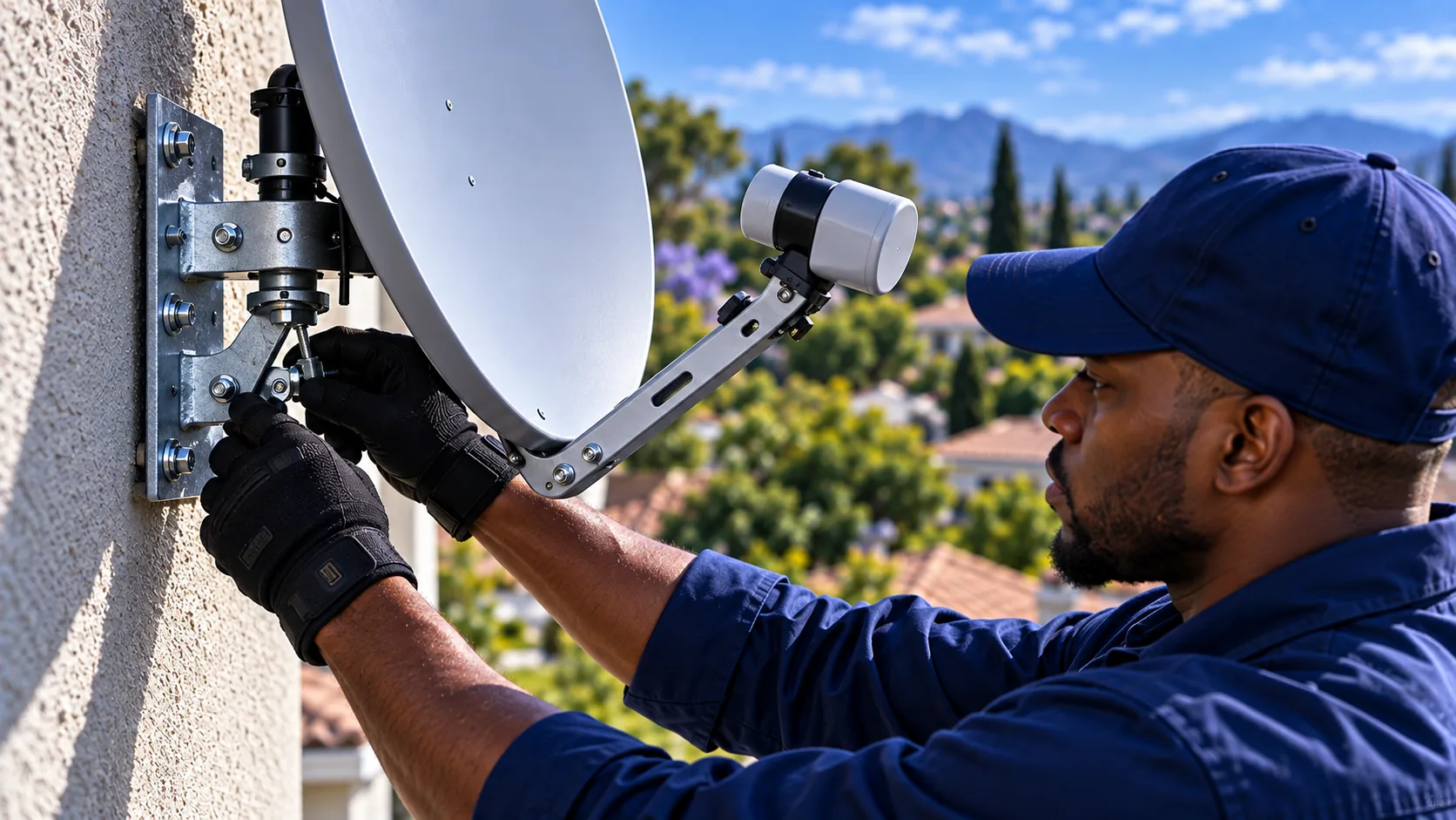 Installer aligning a satellite dish on a Hout Bay roof