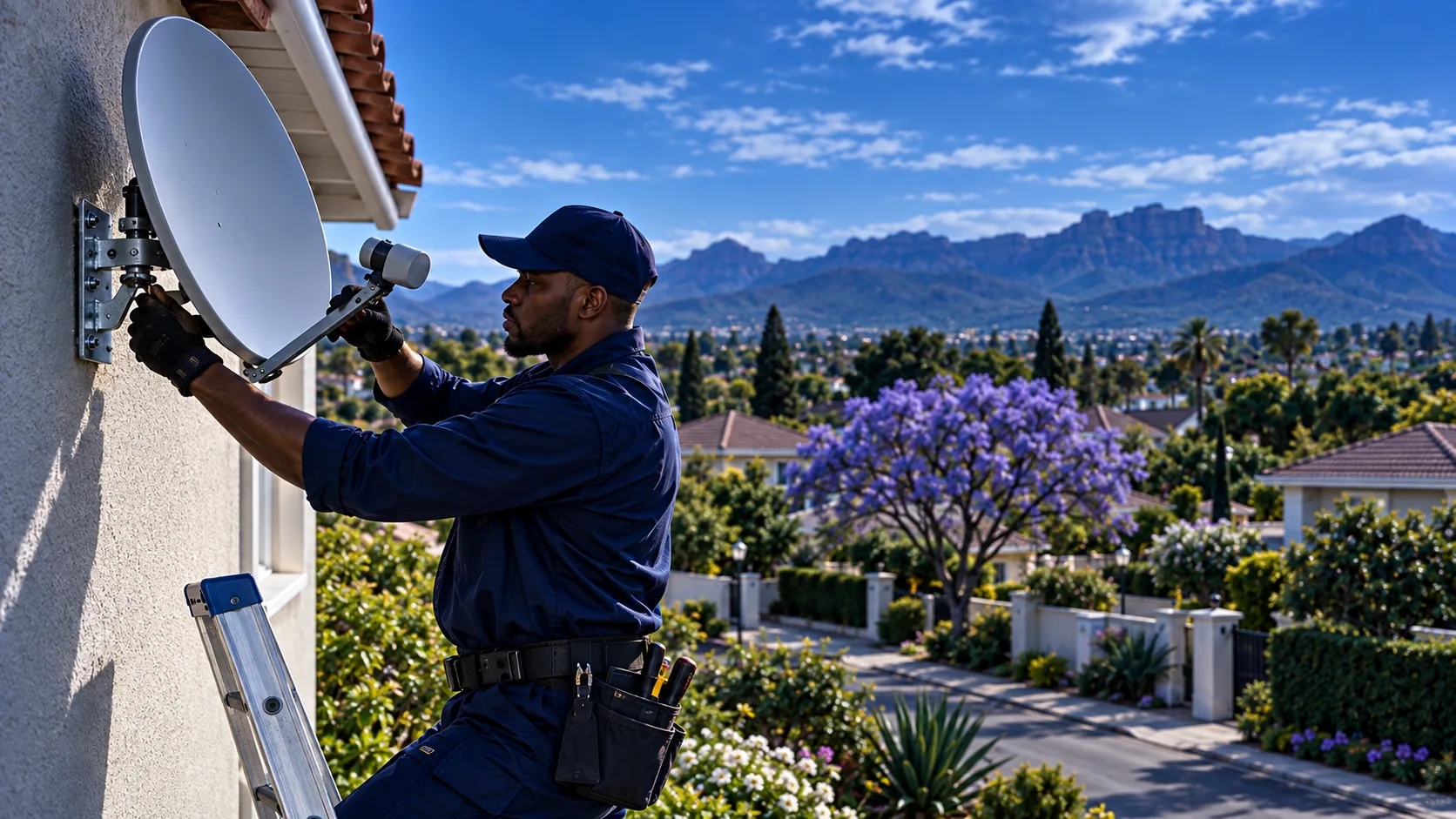 Technician fitting a new satellite dish bracket to a wall